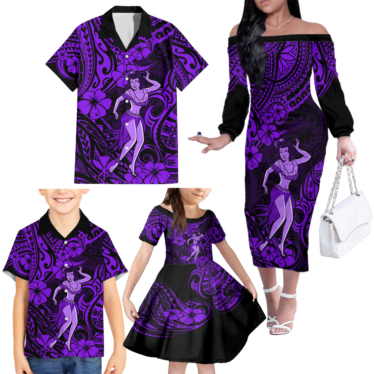 Hawaii Hula Girl Family Matching Off Shoulder Long Sleeve Dress and Hawaiian Shirt Hibiscus Hawaii Tribal Tattoo Purple Version LT01 - Polynesian Pride