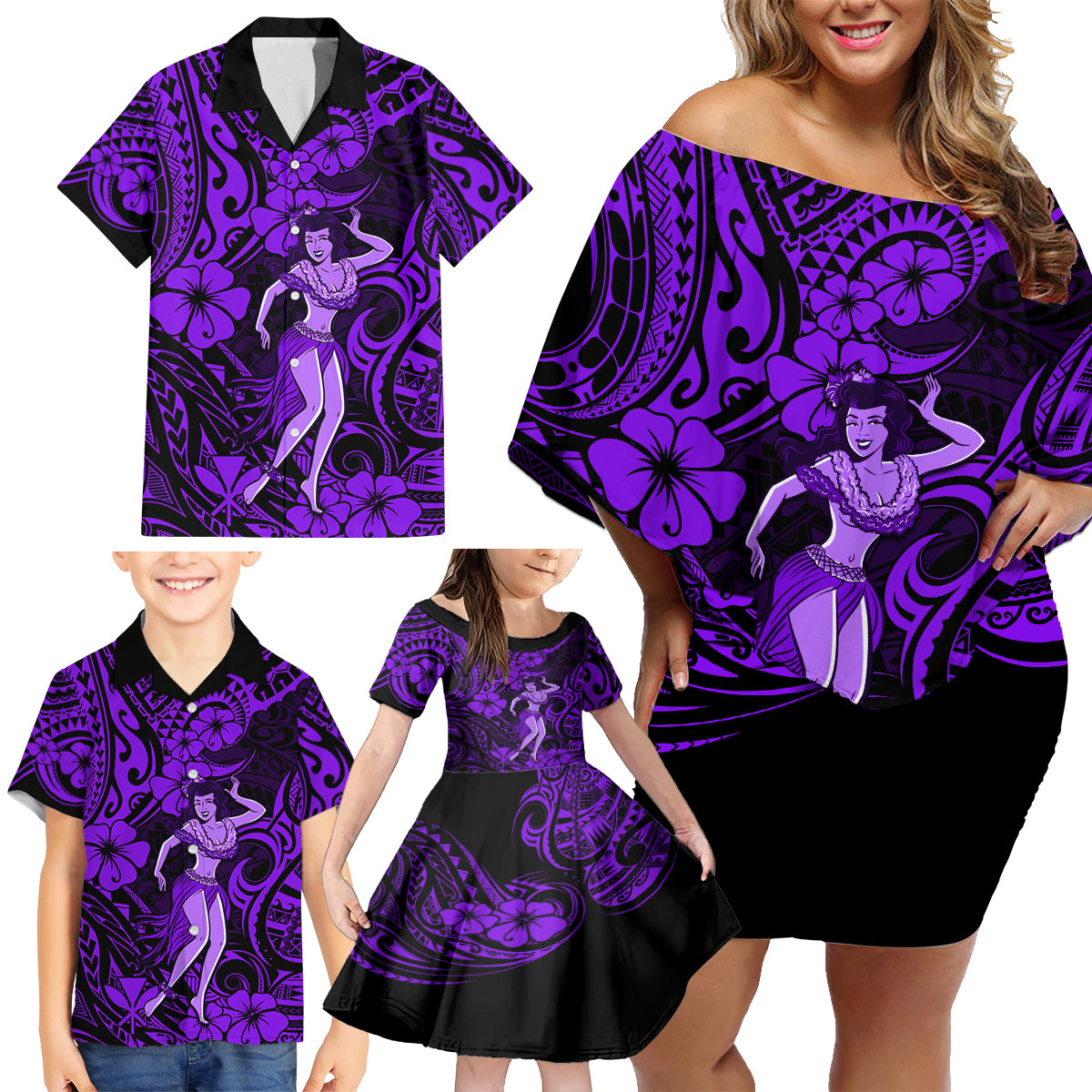 Hawaii Hula Girl Family Matching Off Shoulder Short Dress and Hawaiian Shirt Hibiscus Hawaii Tribal Tattoo Purple Version LT01 - Polynesian Pride