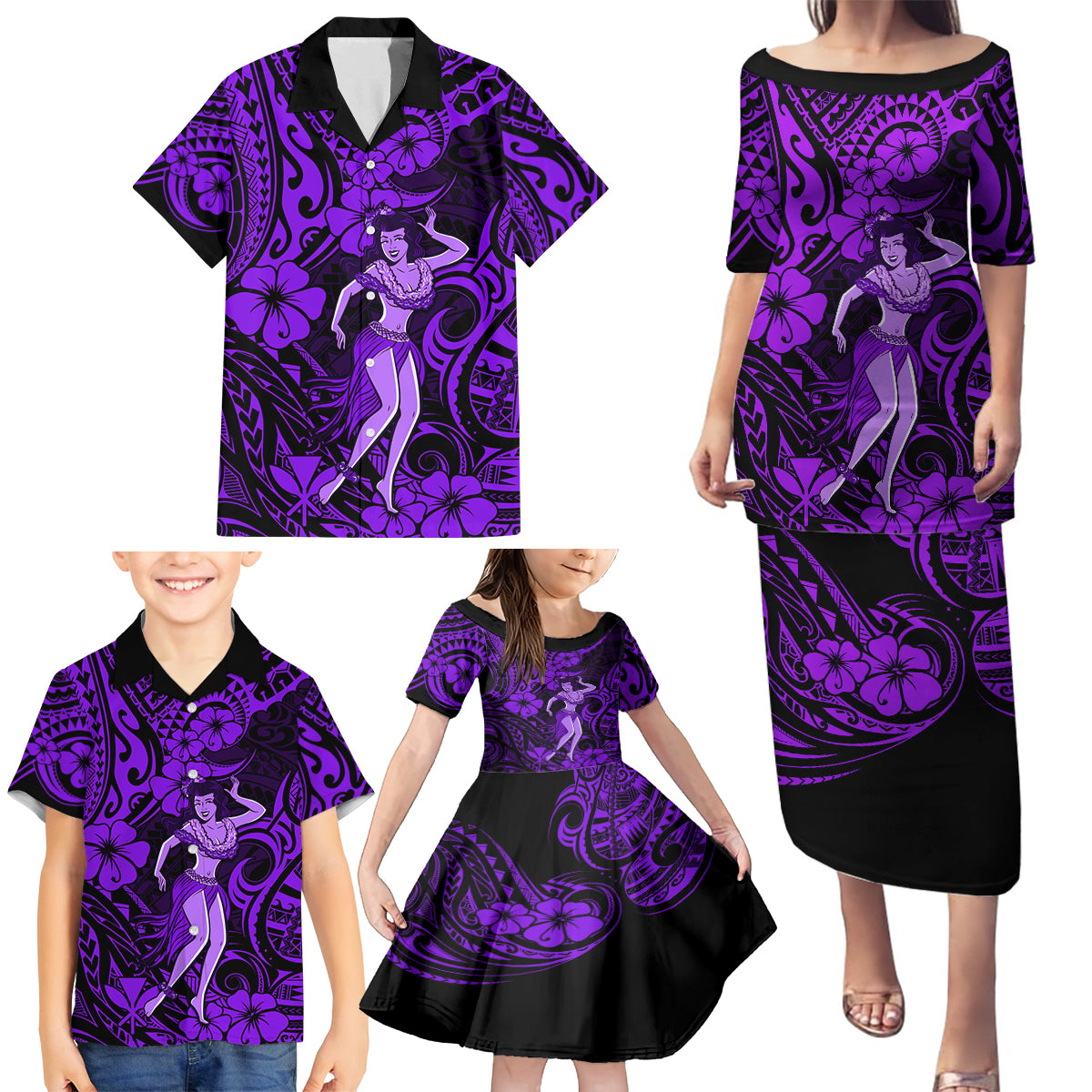 Hawaii Hula Girl Family Matching Puletasi Dress and Hawaiian Shirt Hibiscus Hawaii Tribal Tattoo Purple Version LT01 - Polynesian Pride