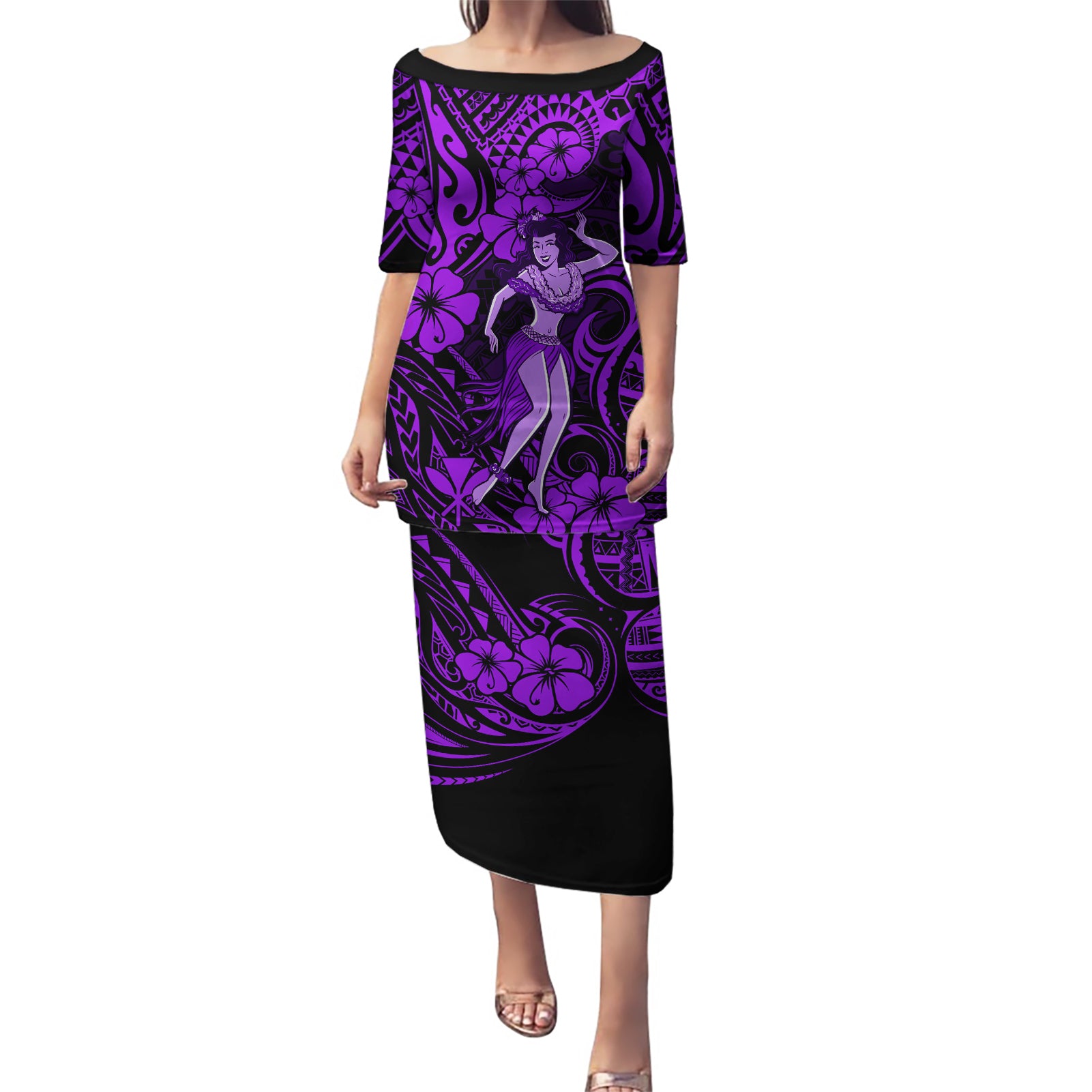 Hawaii Hula Girl Puletasi Hibiscus Hawaii Tribal Tattoo Purple Version LT01 Long Dress Purple - Polynesian Pride