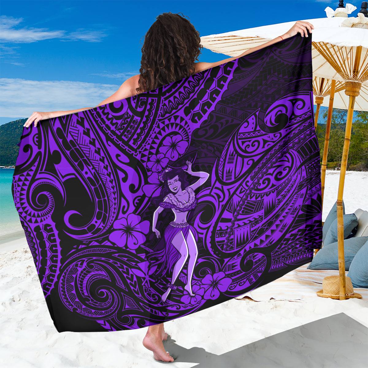 Hawaii Hula Girl Sarong Hibiscus Hawaii Tribal Tattoo Purple Version LT01 One Size 44 x 66 inches Purple - Polynesian Pride