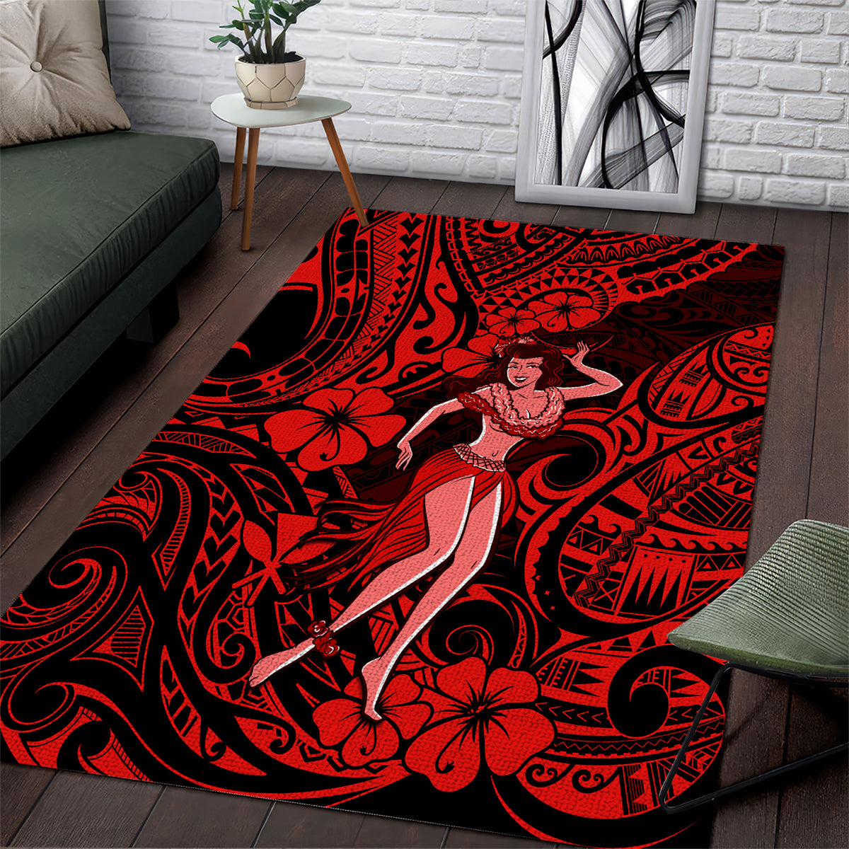 Hawaii Hula Girl Area Rug Hibiscus Hawaii Tribal Tattoo Red Version LT01 Red - Polynesian Pride