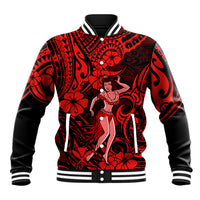 Hawaii Hula Girl Baseball Jacket Hibiscus Hawaii Tribal Tattoo Red Version LT01 Unisex Red - Polynesian Pride