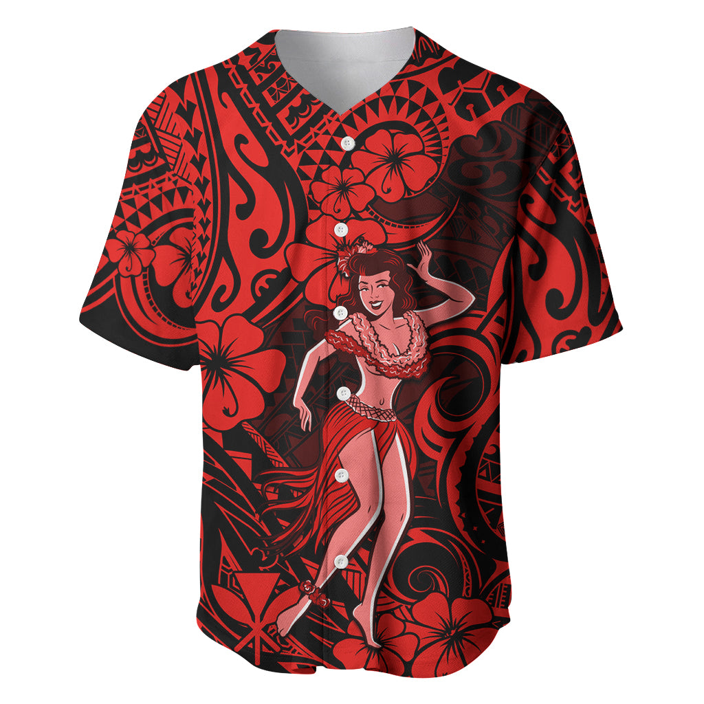 Hawaii Hula Girl Baseball Jersey Hibiscus Hawaii Tribal Tattoo Red Version LT01 Red - Polynesian Pride