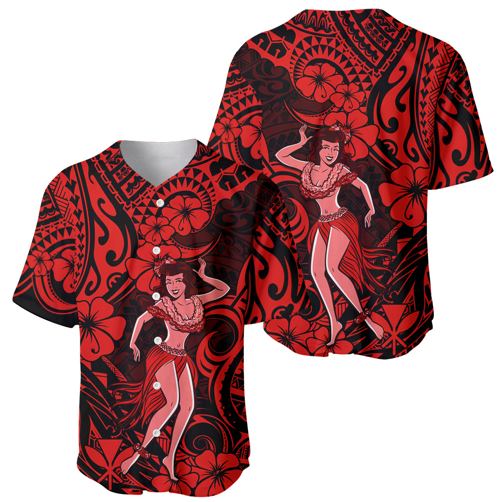 Hawaii Hula Girl Baseball Jersey Hibiscus Hawaii Tribal Tattoo Red Version LT01 - Polynesian Pride