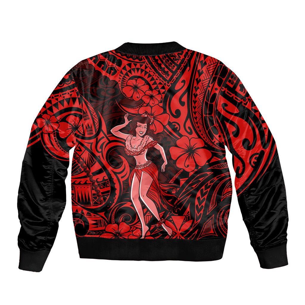 Hawaii Hula Girl Bomber Jacket Hibiscus Hawaii Tribal Tattoo Red Version LT01 - Polynesian Pride