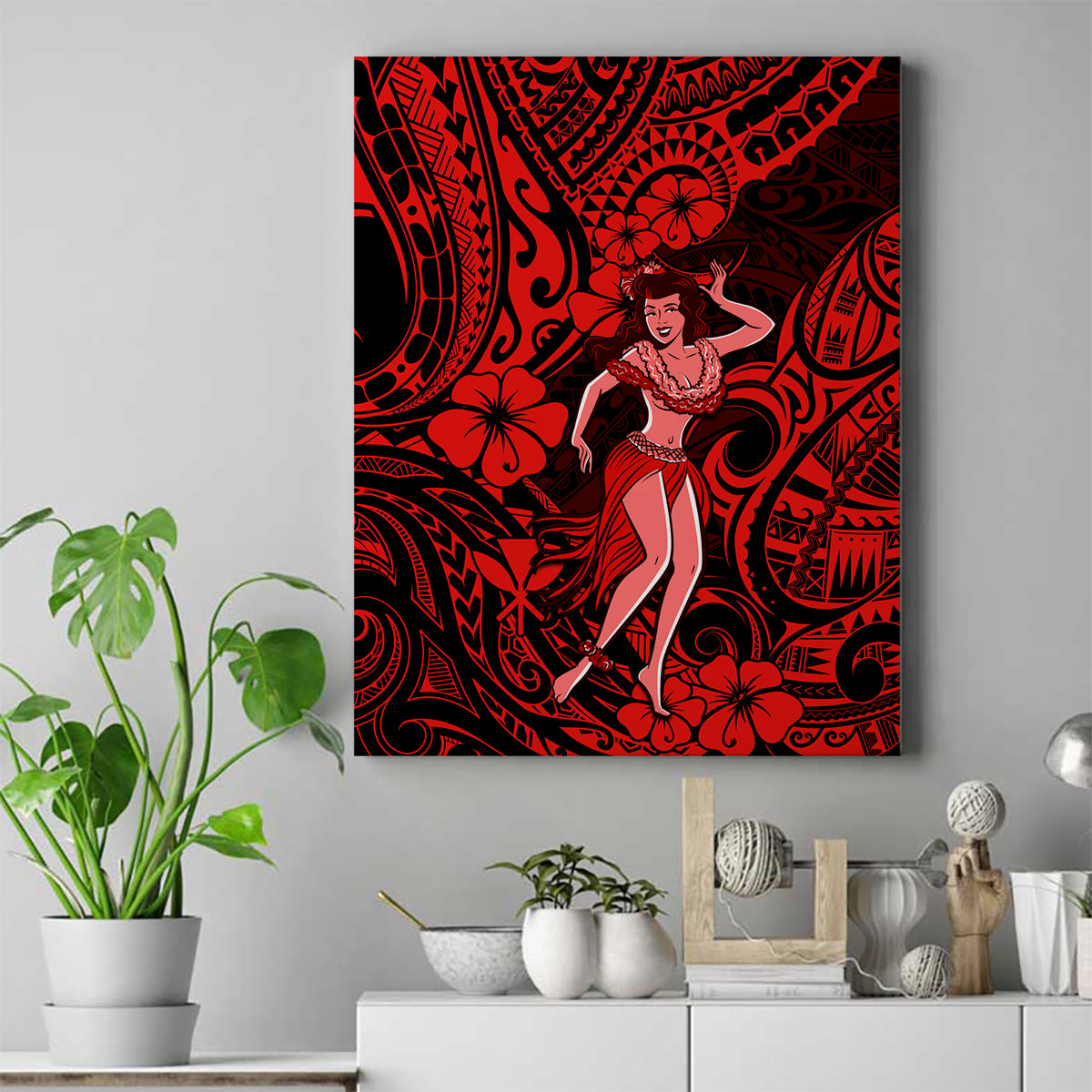 Hawaii Hula Girl Canvas Wall Art Hibiscus Hawaii Tribal Tattoo Red Version LT01 Red - Polynesian Pride