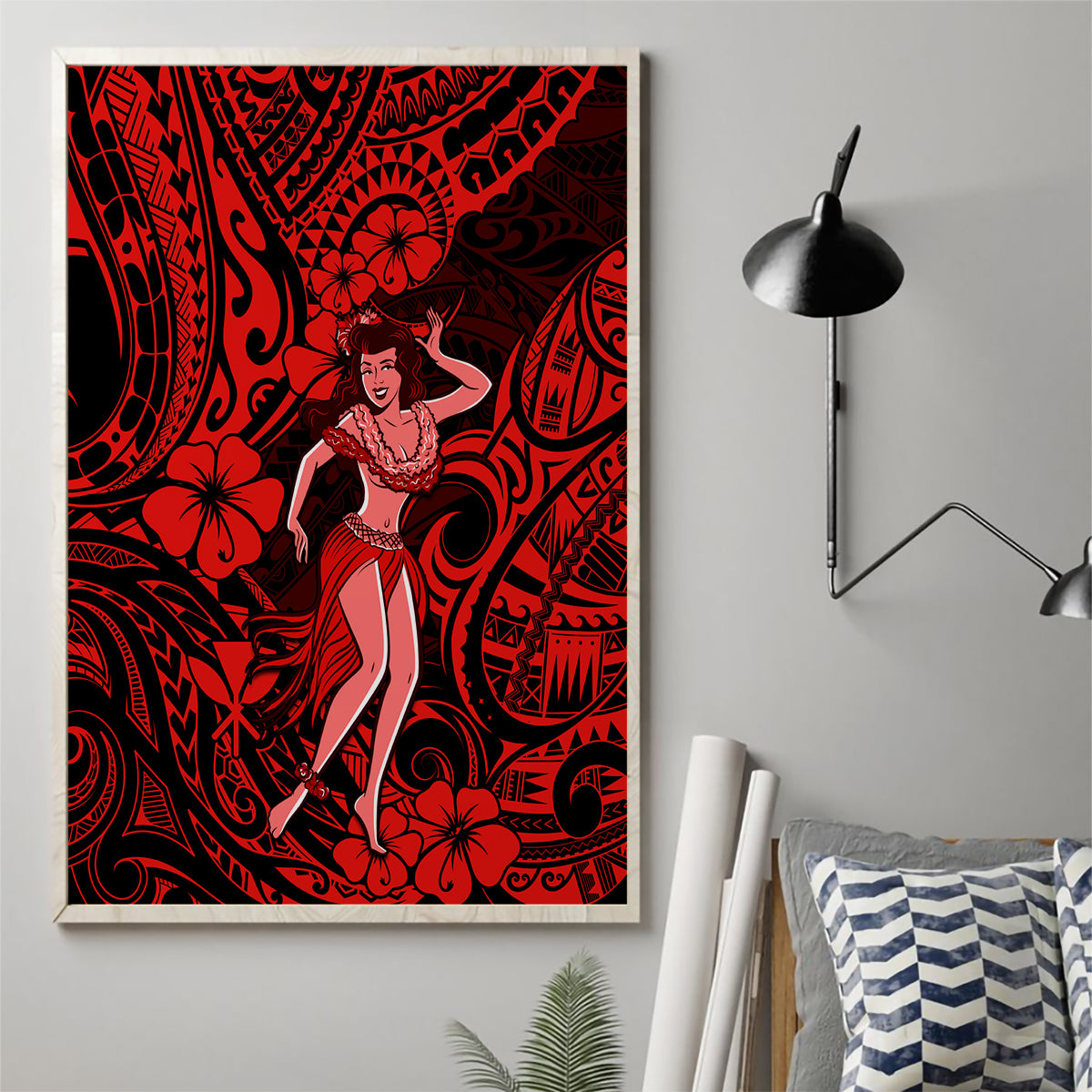 Hawaii Hula Girl Canvas Wall Art Hibiscus Hawaii Tribal Tattoo Red Version LT01 - Polynesian Pride