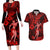 Hawaii Hula Girl Couples Matching Long Sleeve Bodycon Dress and Hawaiian Shirt Hibiscus Hawaii Tribal Tattoo Red Version LT01 Red - Polynesian Pride