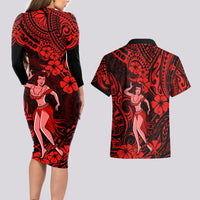 Hawaii Hula Girl Couples Matching Long Sleeve Bodycon Dress and Hawaiian Shirt Hibiscus Hawaii Tribal Tattoo Red Version LT01 - Polynesian Pride