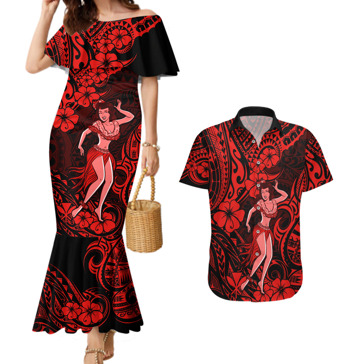 Hawaii Hula Girl Couples Matching Mermaid Dress and Hawaiian Shirt Hibiscus Hawaii Tribal Tattoo Red Version LT01 Red - Polynesian Pride