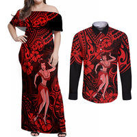 Hawaii Hula Girl Couples Matching Off Shoulder Maxi Dress and Long Sleeve Button Shirts Hibiscus Hawaii Tribal Tattoo Red Version LT01 Red - Polynesian Pride