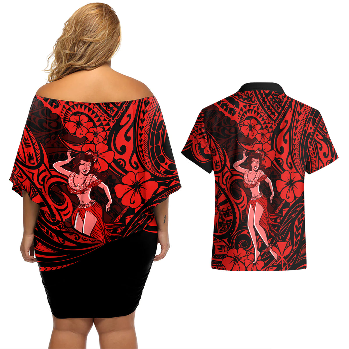 Hawaii Hula Girl Couples Matching Off Shoulder Short Dress and Hawaiian Shirt Hibiscus Hawaii Tribal Tattoo Red Version LT01 - Polynesian Pride