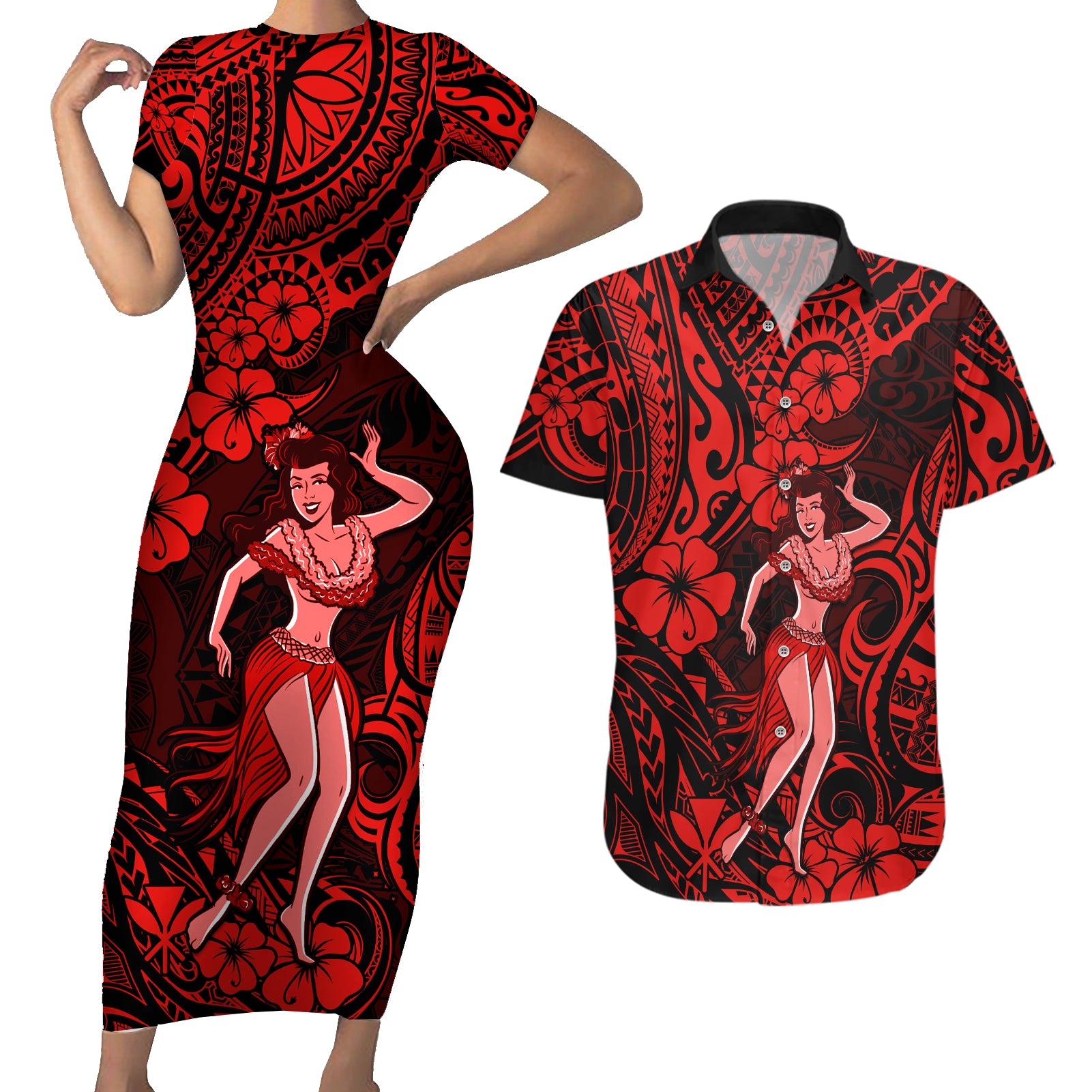 Hawaii Hula Girl Couples Matching Short Sleeve Bodycon Dress and Hawaiian Shirt Hibiscus Hawaii Tribal Tattoo Red Version LT01 Red - Polynesian Pride