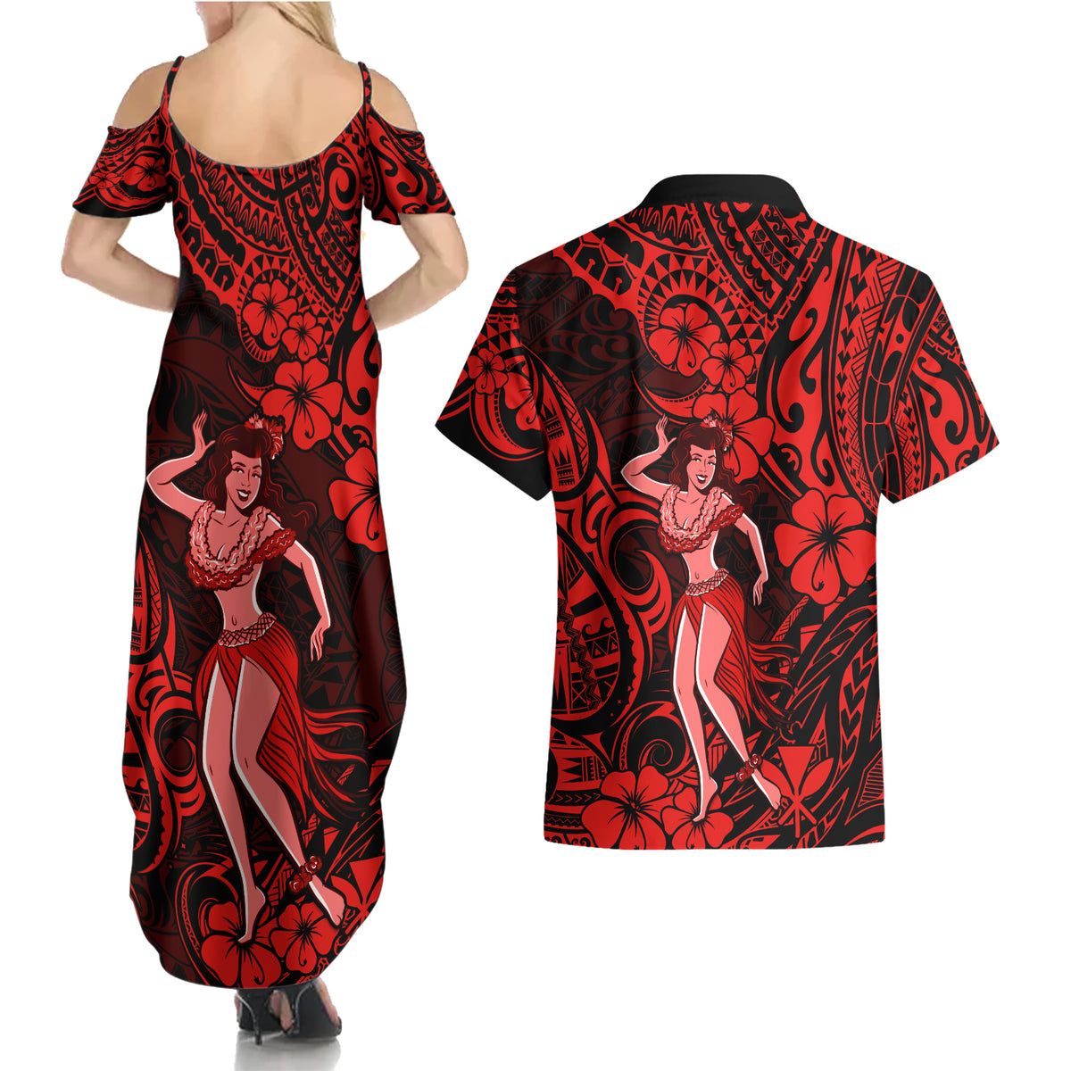 Hawaii Hula Girl Couples Matching Summer Maxi Dress and Hawaiian Shirt Hibiscus Hawaii Tribal Tattoo Red Version LT01 - Polynesian Pride