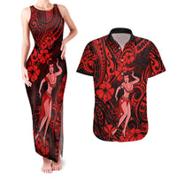 Hawaii Hula Girl Couples Matching Tank Maxi Dress and Hawaiian Shirt Hibiscus Hawaii Tribal Tattoo Red Version LT01 Red - Polynesian Pride