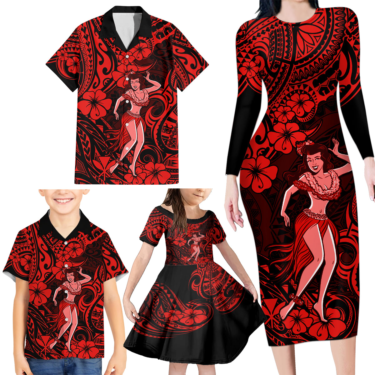 Hawaii Hula Girl Family Matching Long Sleeve Bodycon Dress and Hawaiian Shirt Hibiscus Hawaii Tribal Tattoo Red Version LT01 - Polynesian Pride