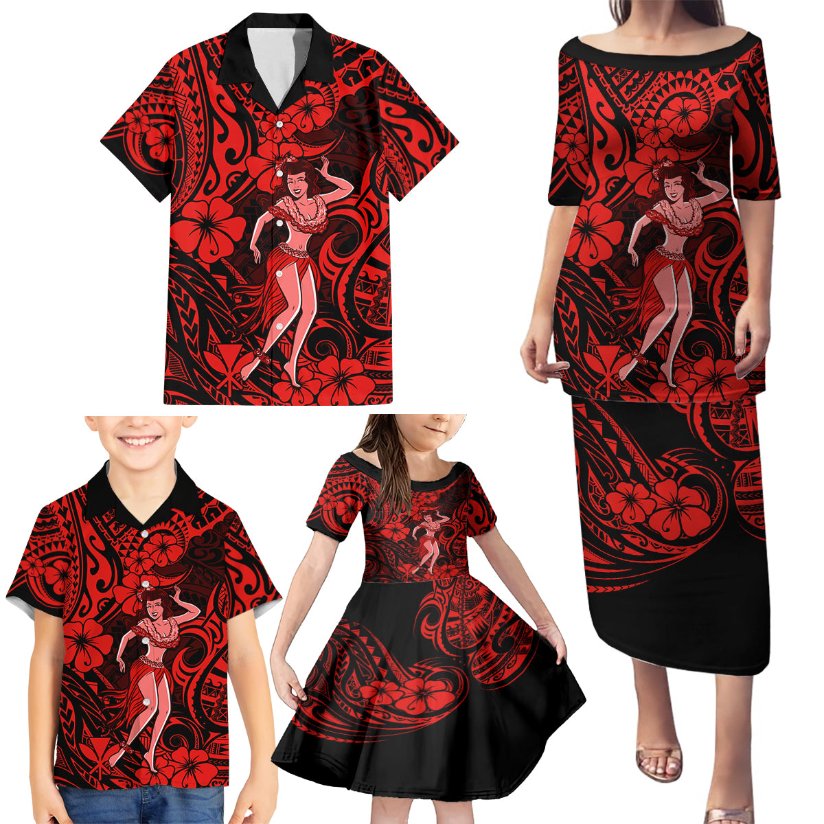 Hawaii Hula Girl Family Matching Puletasi Dress and Hawaiian Shirt Hibiscus Hawaii Tribal Tattoo Red Version LT01 - Polynesian Pride