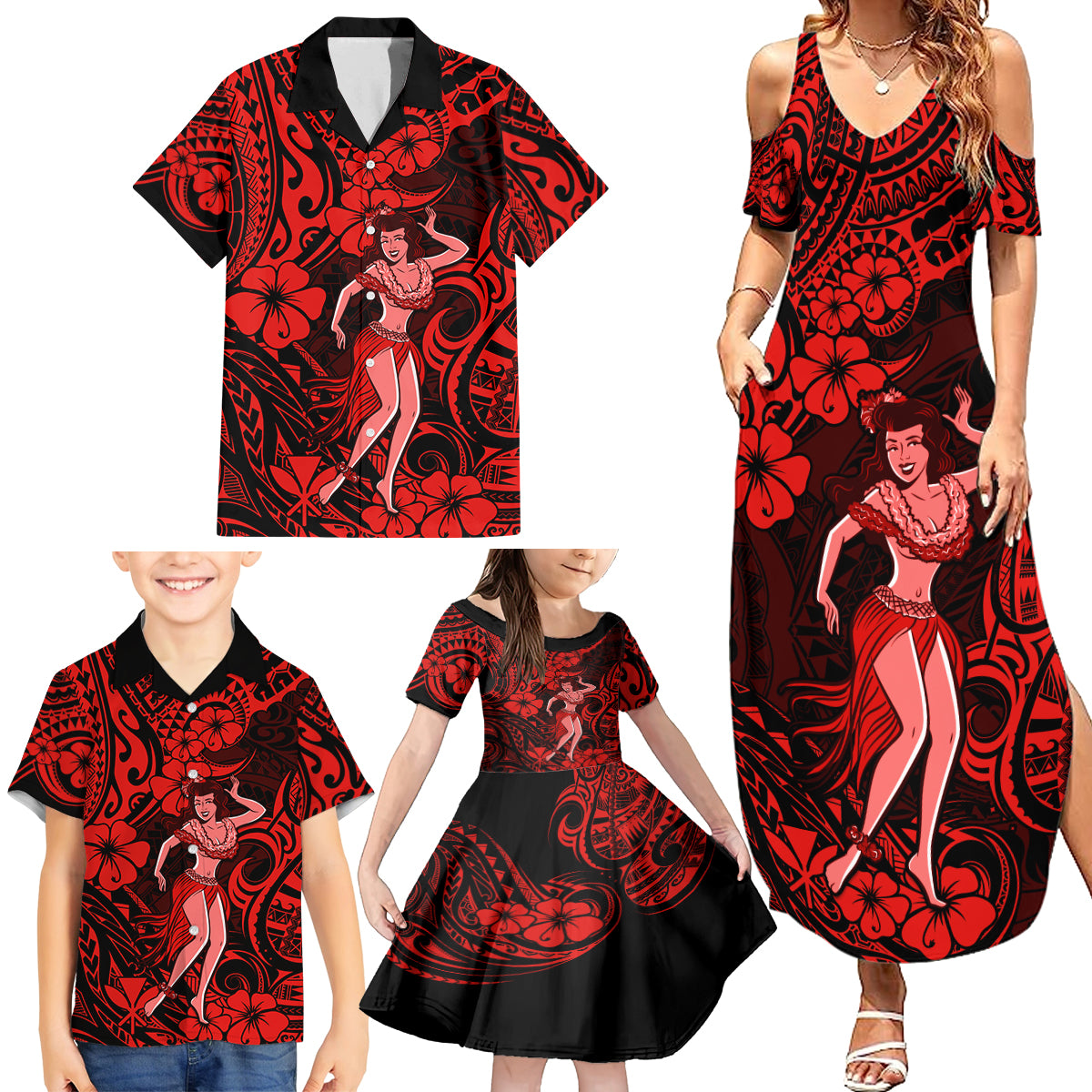 Hawaii Hula Girl Family Matching Summer Maxi Dress and Hawaiian Shirt Hibiscus Hawaii Tribal Tattoo Red Version LT01 - Polynesian Pride