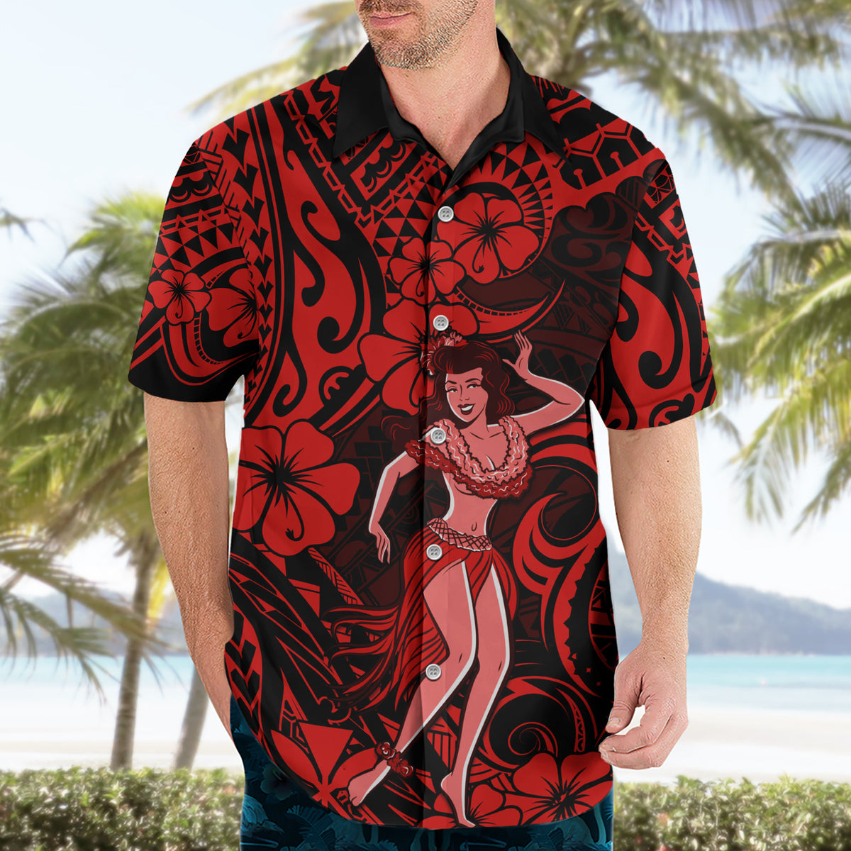 Hawaii Hula Girl Hawaiian Shirt Hibiscus Hawaii Tribal Tattoo Red Version LT01 - Polynesian Pride
