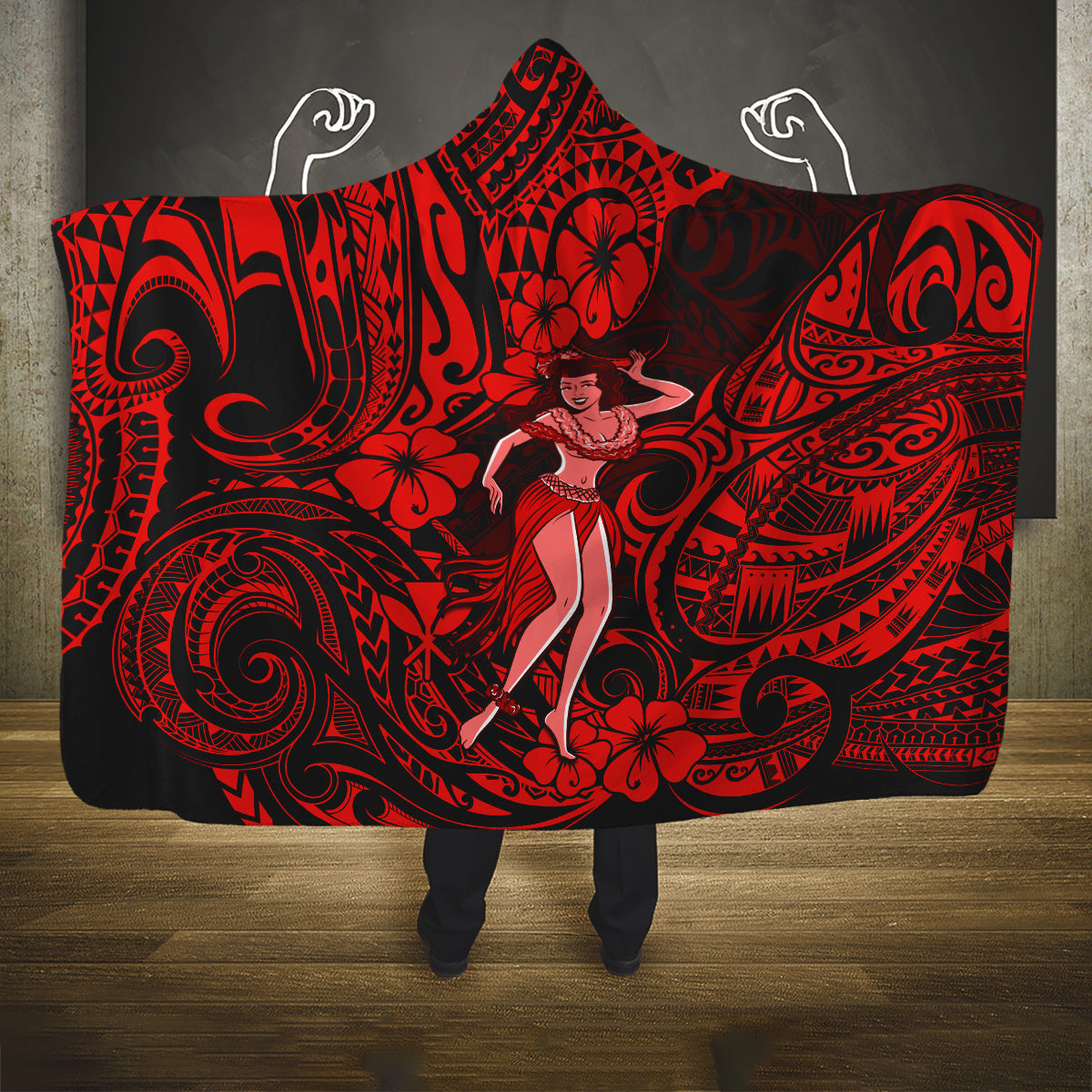 Hawaii Hula Girl Hooded Blanket Hibiscus Hawaii Tribal Tattoo Red Version LT01 One Size Red - Polynesian Pride