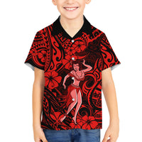 Hawaii Hula Girl Kid Hawaiian Shirt Hibiscus Hawaii Tribal Tattoo Red Version LT01 Kid Red - Polynesian Pride