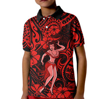 Hawaii Hula Girl Kid Polo Shirt Hibiscus Hawaii Tribal Tattoo Red Version LT01 Kid Red - Polynesian Pride