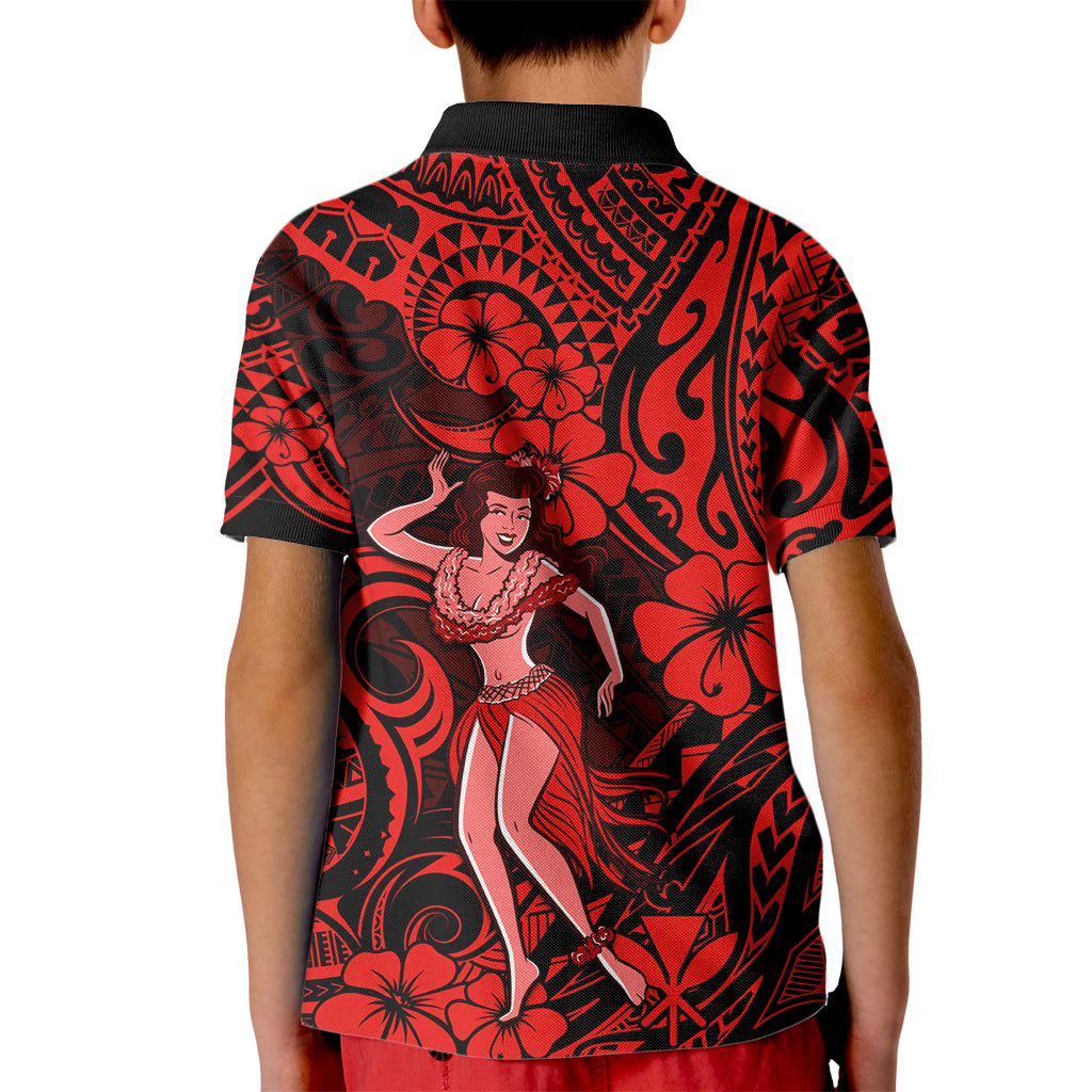 Hawaii Hula Girl Kid Polo Shirt Hibiscus Hawaii Tribal Tattoo Red Version LT01 - Polynesian Pride