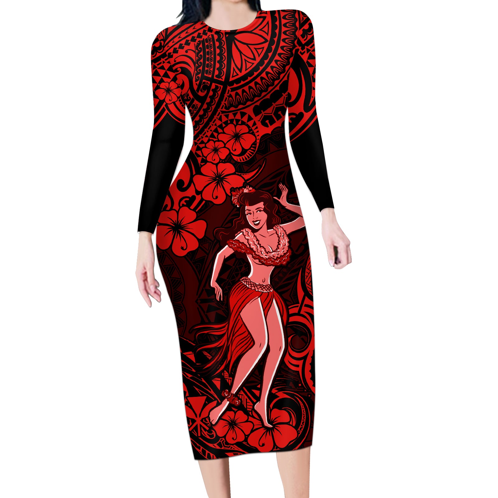 Hawaii Hula Girl Long Sleeve Bodycon Dress Hibiscus Hawaii Tribal Tattoo Red Version LT01 Long Dress Red - Polynesian Pride