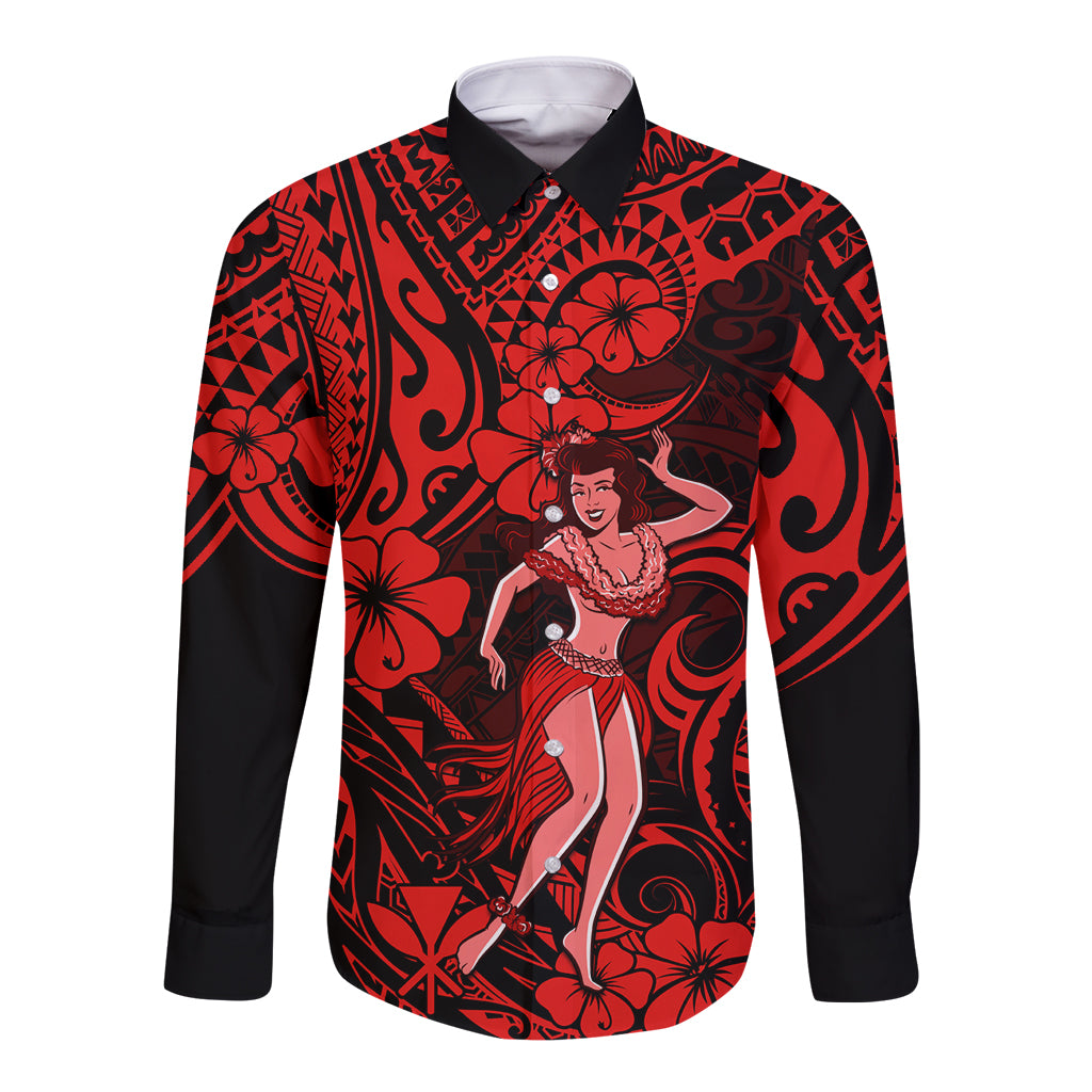 Hawaii Hula Girl Long Sleeve Button Shirt Hibiscus Hawaii Tribal Tattoo Red Version LT01 Unisex Red - Polynesian Pride