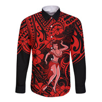 Hawaii Hula Girl Long Sleeve Button Shirt Hibiscus Hawaii Tribal Tattoo Red Version LT01 Unisex Red - Polynesian Pride