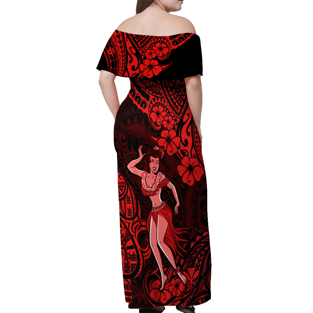 Hawaii Hula Girl Off Shoulder Maxi Dress Hibiscus Hawaii Tribal Tattoo Red Version LT01 - Polynesian Pride