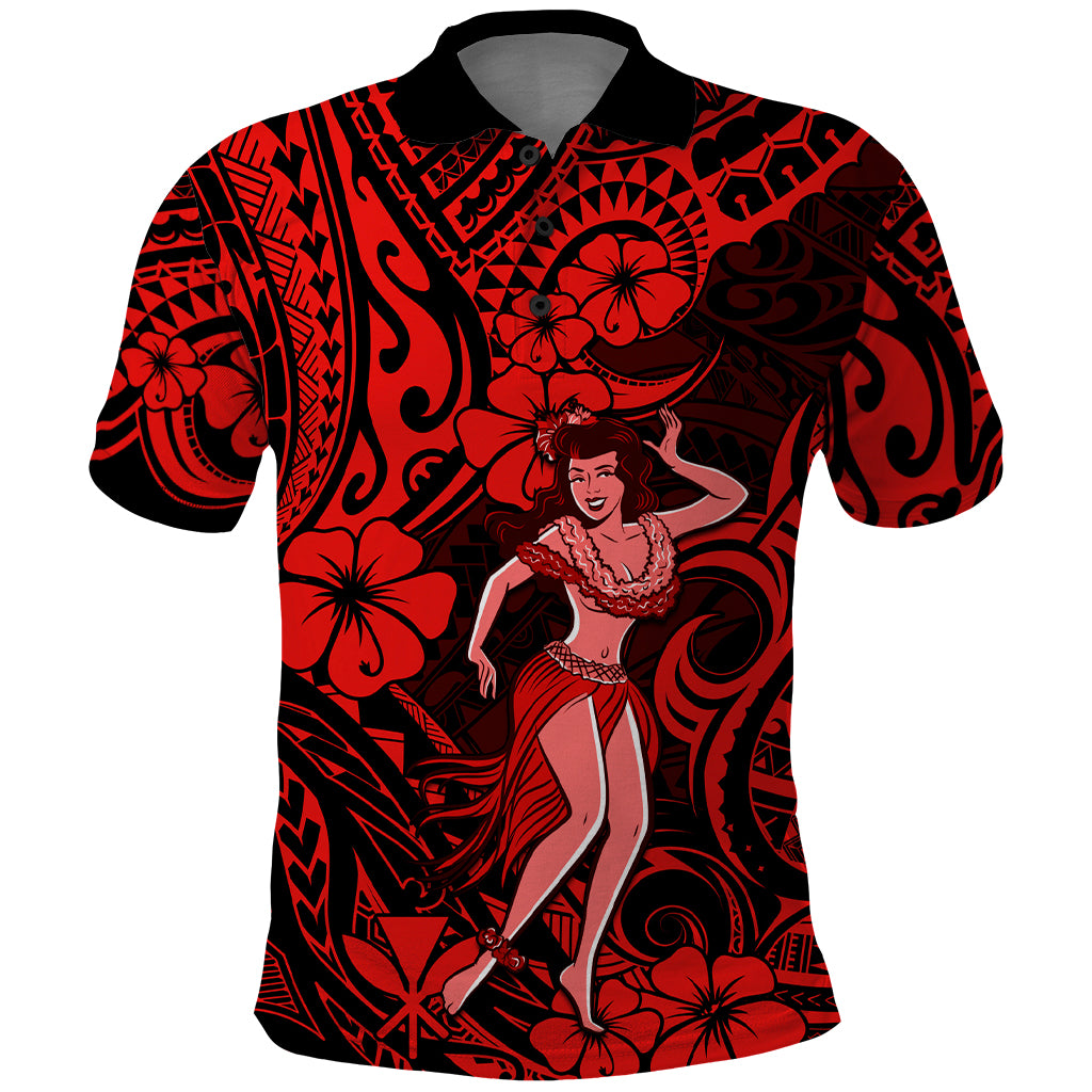 Hawaii Hula Girl Polo Shirt Hibiscus Hawaii Tribal Tattoo Red Version LT01 Red - Polynesian Pride