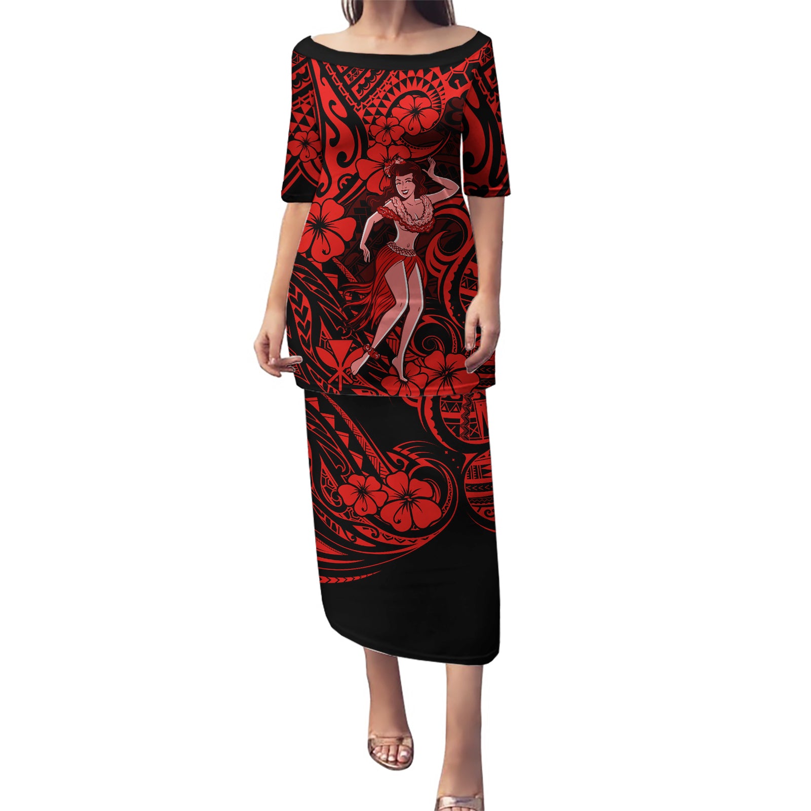 Hawaii Hula Girl Puletasi Hibiscus Hawaii Tribal Tattoo Red Version LT01 Long Dress Red - Polynesian Pride