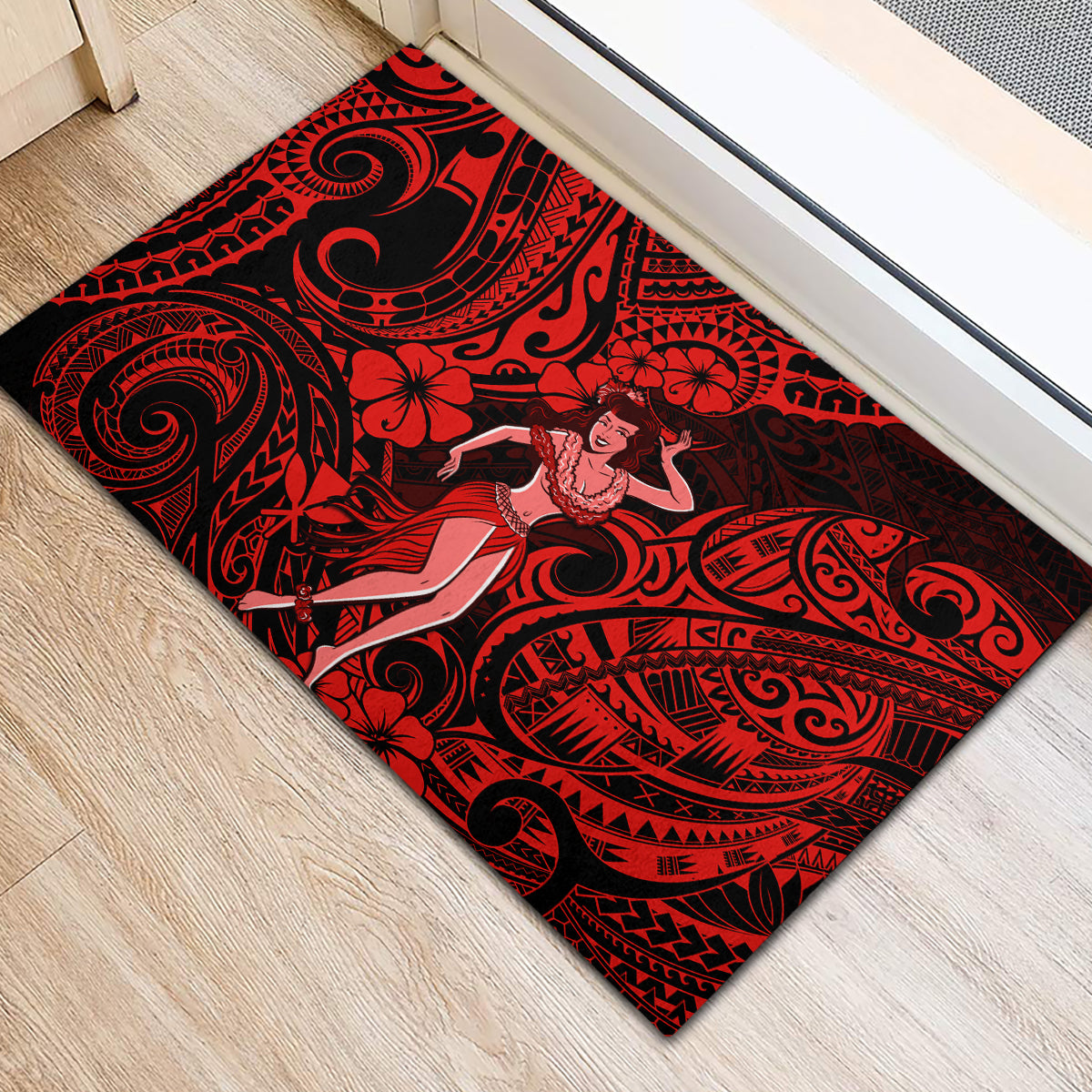 Hawaii Hula Girl Rubber Doormat Hibiscus Hawaii Tribal Tattoo Red Version LT01 - Polynesian Pride