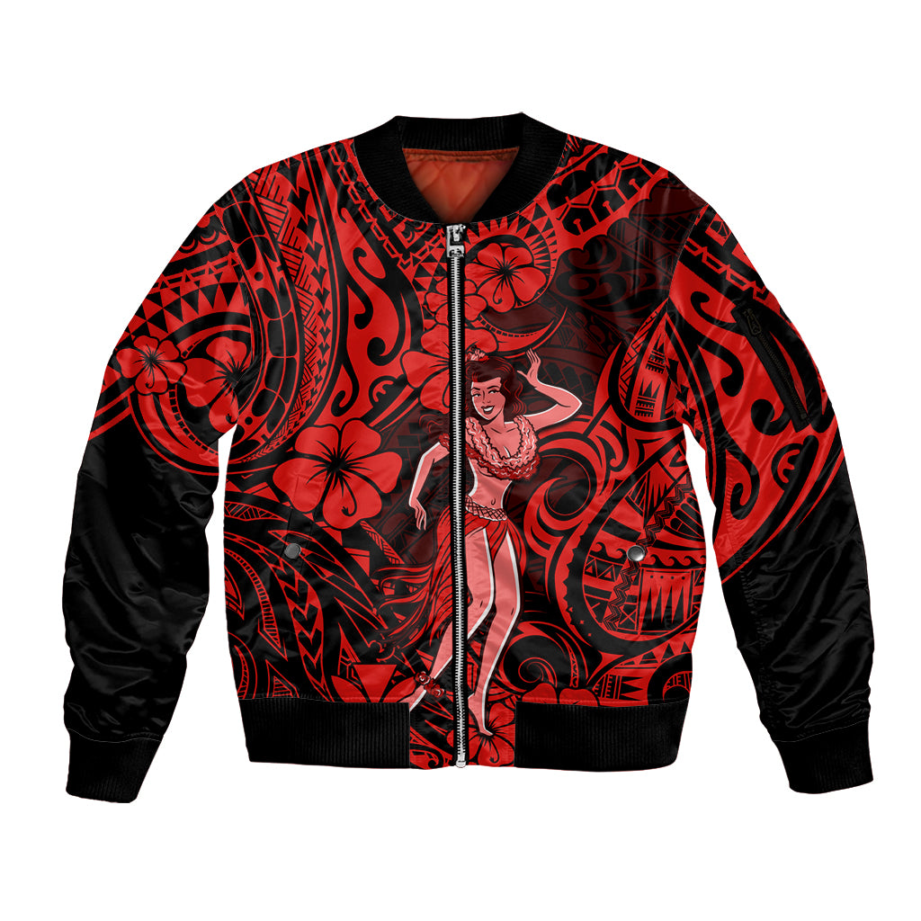 Hawaii Hula Girl Sleeve Zip Bomber Jacket Hibiscus Hawaii Tribal Tattoo Red Version LT01 Unisex Red - Polynesian Pride