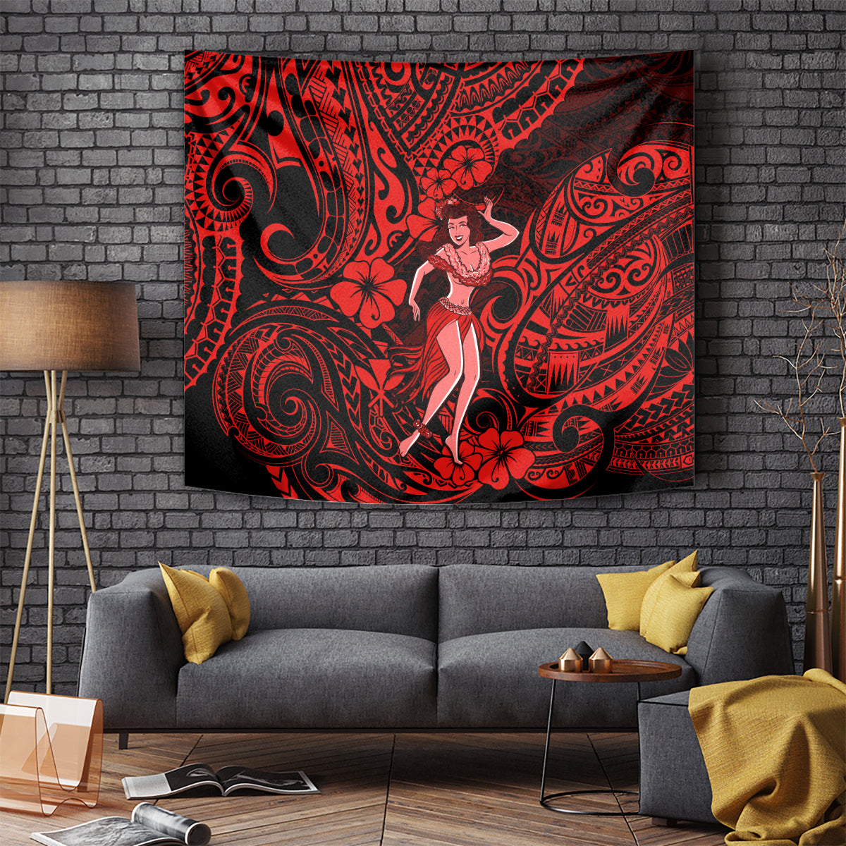 Hawaii Hula Girl Tapestry Hibiscus Hawaii Tribal Tattoo Red Version LT01 Red - Polynesian Pride