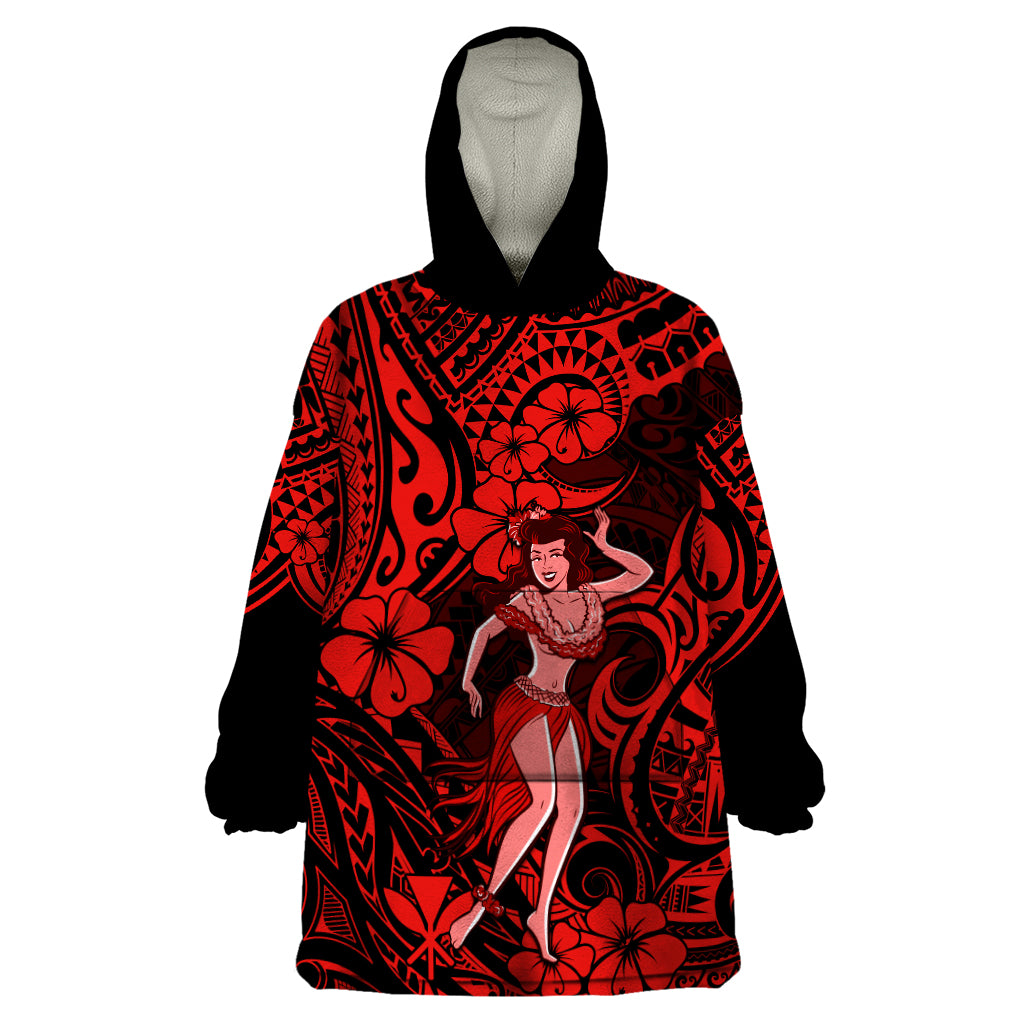 Hawaii Hula Girl Wearable Blanket Hoodie Hibiscus Hawaii Tribal Tattoo Red Version LT01 One Size Red - Polynesian Pride