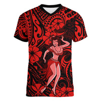 Hawaii Hula Girl Women V Neck T Shirt Hibiscus Hawaii Tribal Tattoo Red Version LT01 Female Red - Polynesian Pride