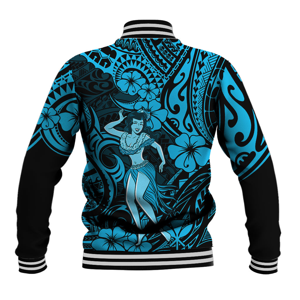 Hawaii Hula Girl Baseball Jacket Hibiscus Hawaii Tribal Tattoo Sky Blue Version LT01 - Polynesian Pride