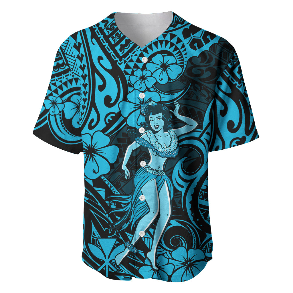 Hawaii Hula Girl Baseball Jersey Hibiscus Hawaii Tribal Tattoo Sky Blue Version LT01 Blue - Polynesian Pride