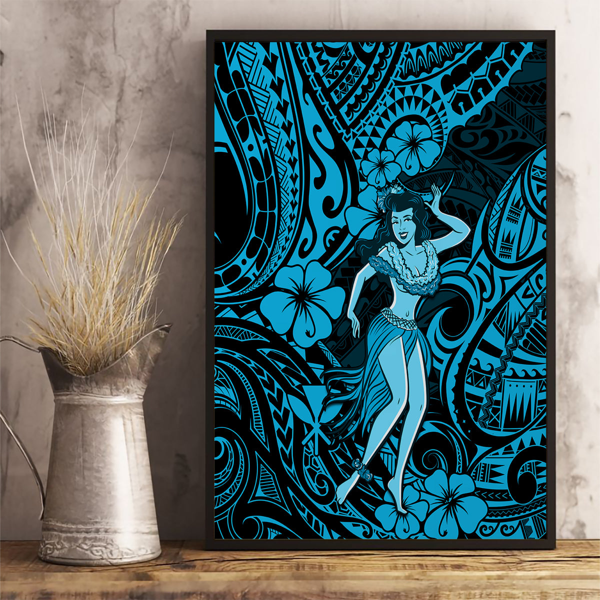 Hawaii Hula Girl Canvas Wall Art Hibiscus Hawaii Tribal Tattoo Sky Blue Version LT01 - Polynesian Pride