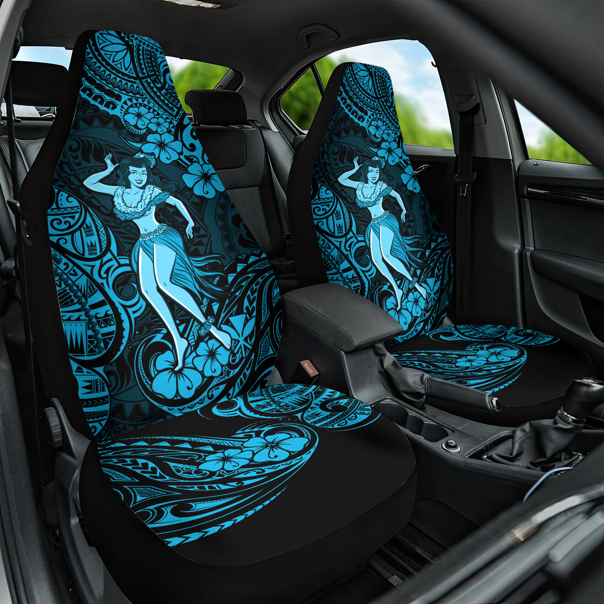 Hawaii Hula Girl Car Seat Cover Hibiscus Hawaii Tribal Tattoo Sky Blue Version LT01 One Size Blue - Polynesian Pride