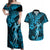 Hawaii Hula Girl Couples Matching Off Shoulder Maxi Dress and Hawaiian Shirt Hibiscus Hawaii Tribal Tattoo Sky Blue Version LT01 Blue - Polynesian Pride