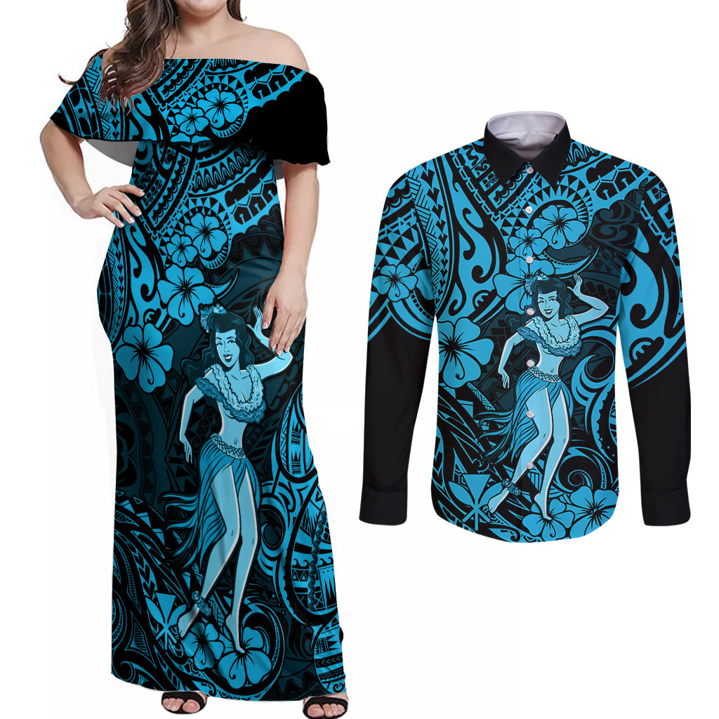 Hawaii Hula Girl Couples Matching Off Shoulder Maxi Dress and Long Sleeve Button Shirts Hibiscus Hawaii Tribal Tattoo Sky Blue Version LT01 Blue - Polynesian Pride
