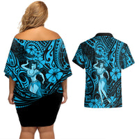 Hawaii Hula Girl Couples Matching Off Shoulder Short Dress and Hawaiian Shirt Hibiscus Hawaii Tribal Tattoo Sky Blue Version LT01 - Polynesian Pride