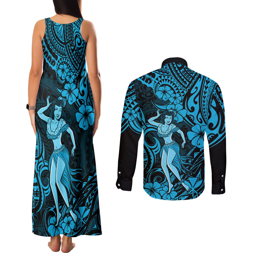 Hawaii Hula Girl Couples Matching Tank Maxi Dress and Long Sleeve Button Shirts Hibiscus Hawaii Tribal Tattoo Sky Blue Version LT01 - Polynesian Pride