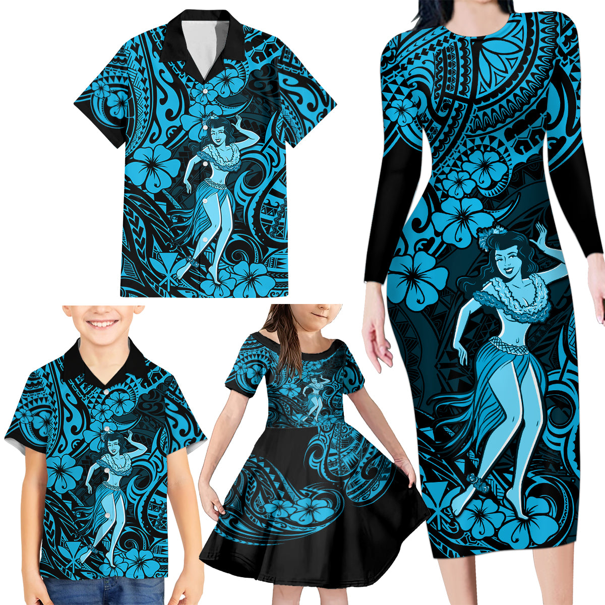 Hawaii Hula Girl Family Matching Long Sleeve Bodycon Dress and Hawaiian Shirt Hibiscus Hawaii Tribal Tattoo Sky Blue Version LT01 - Polynesian Pride