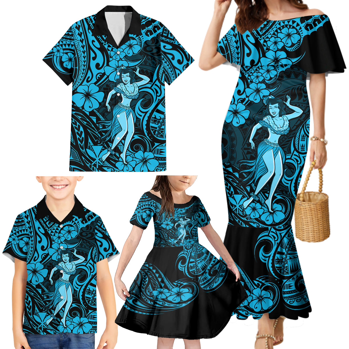 Hawaii Hula Girl Family Matching Mermaid Dress and Hawaiian Shirt Hibiscus Hawaii Tribal Tattoo Sky Blue Version LT01 - Polynesian Pride