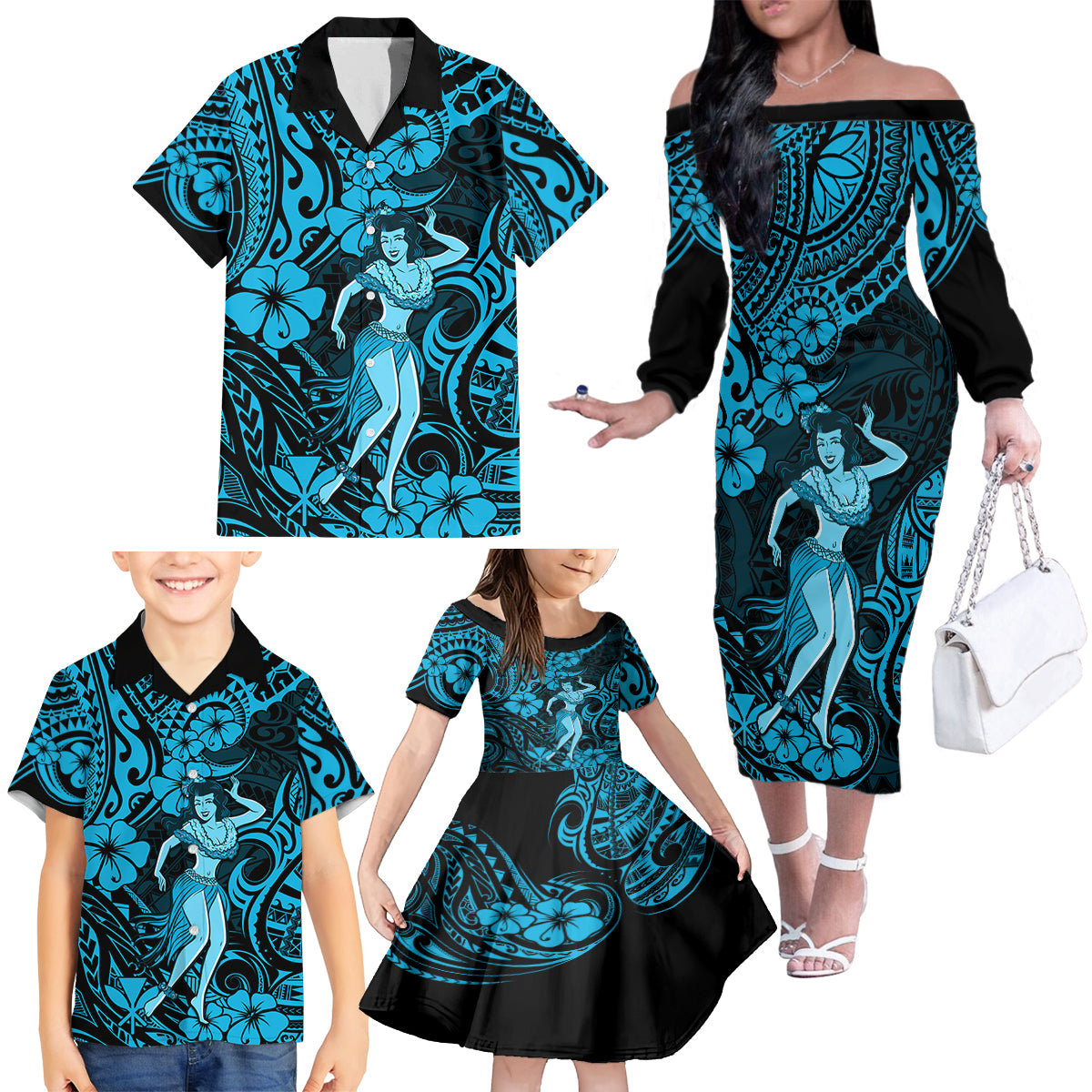 Hawaii Hula Girl Family Matching Off Shoulder Long Sleeve Dress and Hawaiian Shirt Hibiscus Hawaii Tribal Tattoo Sky Blue Version LT01 - Polynesian Pride